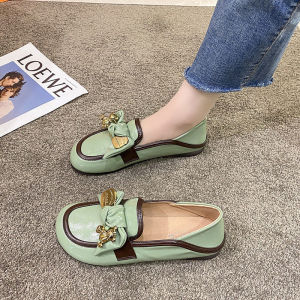 Women soft leather bean shoes round toe flat boat shoes