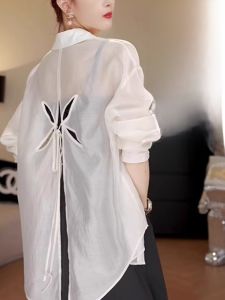 chaqi | Summer Loose Silk Butterfly Knot Back Hollow Out Sun Protection Shirt Outerwear Womens Air Conditioned Open Cardigan Top