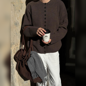 YUFUQING | Laid-back Style Brown Round Neck Single Button Knitted Open Cardigan Retro Simple Loose Sweater Women Winter Long Sleeve Regular Fit