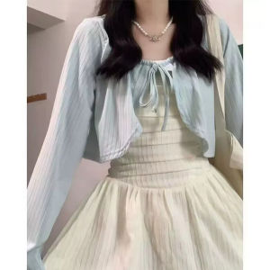 Blue Knitted Sun Protection Shirt Cover up Womens Summer Outerwear French Style Small Shawl Belted Vest Open Cardigan