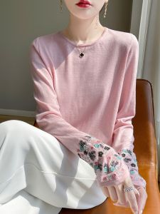 BooPala Simple Style Long Sleeve Embroidery Womens Top Heavy Work Chinese Nationalistic Base Shirt Elegant Atmosphere