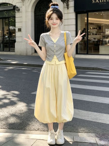 HUAYILING | Dopamine Fashion Set for Women T-shirt Short-sleeved Top Dress Midi Skirt