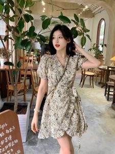 Váy Ngắn Họa Tiết Hoa Cổ Chữ V Cho Nữ Mùa Hè Váy Ngắn Thon Gọn Váy Chữ a Cạp Cao Váy Đi Làm Phong Cách Hàn Quốc