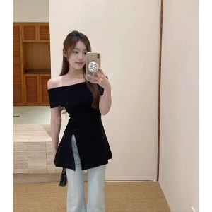 YUEZHONGWEI | Slim-Fitting Off-Shoulder Ice Silk Knit Short Sleeve T-Shirt