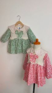 KID FASHION Dress Anak Perempuan Lengan Panjang Gaun Anak Cewek Katun Bunga Rajut Pita Kasual Style 1-4 Tahun