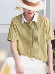 เสื้อเชิ้ตแขนสั้นผ้าลินินลูกไม้คอโปโลฤดูร้อนสำหรับผู้หญิง ทรงหลวม ดีไซน์เปิดหน้าอก สไตล์ทำงาน เสื้อเชิ้ตผ้าไหมโพลีเอสเตอร์