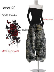 plus Size American Retro Camouflage Workwear Jeans Womens Loose Wide Leg Long Pants Street Style Fashionable Autumn New Arrival