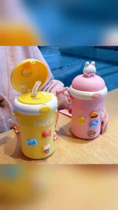 HTF 500ML Kids Water Bottle Children Straw Water Bottle Portable Straw Cup Girls Cute Drinking Bottle