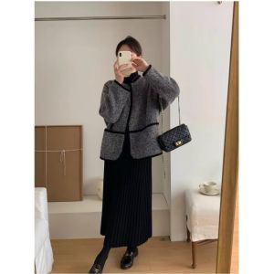 กระโปรงยาวทรงเอผ้าถักหนาสำหรับฤดูหนาว กระโปรงสั้นทรงเอเอวสูง กระโปรงยาวปานกลาง ผ้าขนสัตว์ กระโปรงสั้นสไตล์เกาหลี