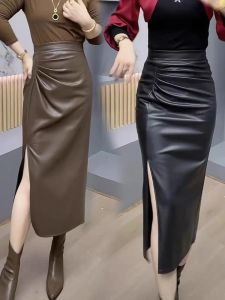 กระโปรงสั้นผ้าหนังทรงเอเอวสูง กระโปรงทรงเอไม่สมมาตร สำหรับผู้หญิง ฤดูใบไม้ผลิและฤดูใบไม้ร่วง กระโปรงทรงเอทรงเอ