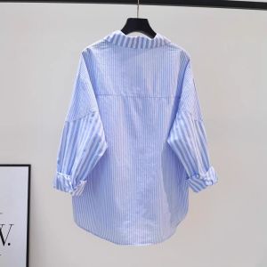 Light Blue Striped Cotton Shirt Womens Spring Autumn Loose Long Sleeve Sun Protection Casual Top Fashionable Commute Style