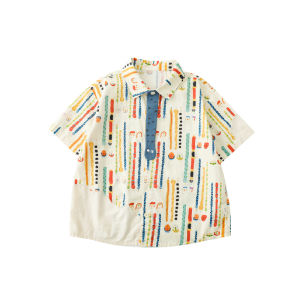 Digital Print Removable Collar Patchwork Casual Shirt for Boys Summer Childrens Fashion Cotton Blend Fabric Short Sleeve