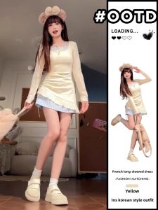 Ge·an·fei | Đầm Dài Tay Giả Hai Mảnh Thu Cho Người Thon Accentuated Vòng Eo A-Line