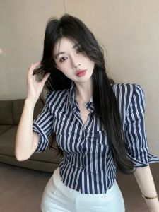 GUZILIAN | Áo Sơ Mi Ngắn Tay Phong Cách Retro Có Sọc Ôm Body Cổ Polo cho Nữ Mùa Hè Mới