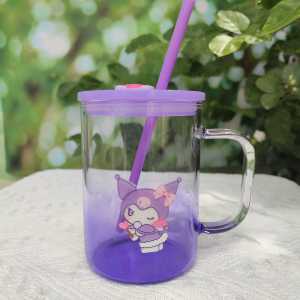 Adult And Childrens Purple Glass Straw Cup with Nipple Bottle Handle Cute Mimi Kuromi Design Water Cup High Borosilicate Glass