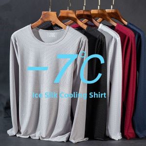 Ice Silk Long Sleeve T-Shirt Mens Quick Dry Breathable Ultra Thin Hollow out Sun Protection Base Shirt Summer Cool Feeling