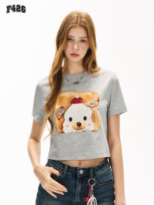 F426 Store Summer New Short Sleeve Slim Fit Cream Toast Dog T-Shirt Youth Fashion Animal Pattern Printed Casual Top for Men