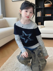 Girls Long Sleeve T-Shirt Star Print Base Layer Top Korean Style Spring Autumn Childrens Fashion Cool Two-Piece Effect