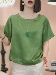 Shalldoer | Áo thun cổ tròn tay ngắn bằng vải satin rộng rãi mỏng mùa hè độc đáo thanh lịch cho nữ Áo thun thường ngày màu trơn không mũ