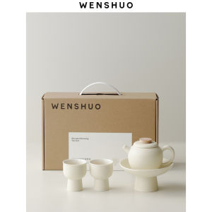 Teapot Set with Tray and 2 Cups - High-footed Design Smooth Matte Texture Easy to Clean WENSHUO HOME