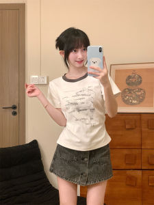 Sweet Girl Short Sleeve T-Shirt Korean Style Commute Cotton Blend Summer Freshness Versatile Short Shoulder Fit round Neck Top