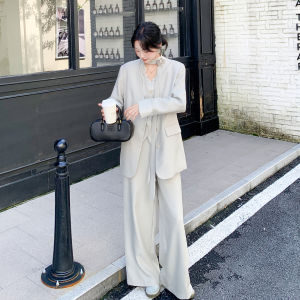Elegant Mist White Three-Piece Womens Suit Set Autumn 2025 Wide Leg Pants Vest Fashionable Commute Style Polyester Fiber