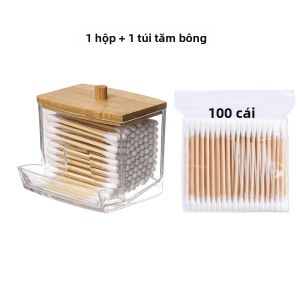 Hộp Đựng Tăm Bông Hai Đầu Trong Suốt Hình Vuông Nắp Tre Chất Liệu PVC Hộp Đựng Tăm Dụng Cụ Đựng Đồ Dùng Gia Đình