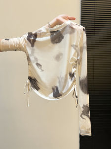Elegant Long Sleeve Tie Dye Mesh T-Shirt Womens Drawstring Slim Fit Short Top Chinese Brand Commute Simple Style Silk Fabric