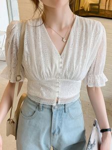 Chic Korean Retro Palace Style Lace Blouse with Flared Sleeves Short V-Neck Waist-Length Top for Women