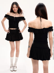 Sweet Cool Spicy Black Short Sleeve One Shoulder Womens T-shirt Summer Set High Waist Mini Skirt Fashionable Female Outfit