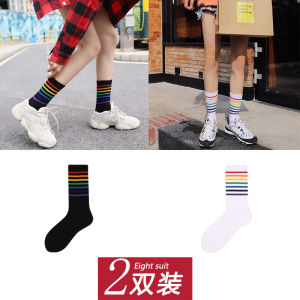 Couple Stripe Cotton Mid-Calf Socks Ins Trendy Hong Kong Style Two-Dot Letter Sliding Sport Shoes Heattech All Year Round Neutral