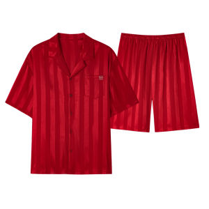 Miiow | Couple Summer Ice Silk Sleepwear Thin Cool Feeling New Bride Red Womens Home Clothes Set Men Can Wear Outdoor Short Sleeve