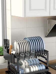 Dish Rack with Drip Plate Rotatable Drain Rack Stainless Dish Drainer Organizer for Kitchen Wite