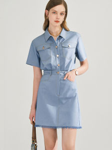 FAMANXUAN | Water Washed Blue Denim Skirt Medium Length
