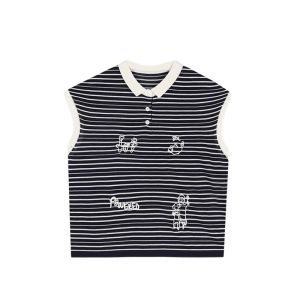 YUEZHONGWEI | Summer Slim Fit Short Sleeve T-Shirt Womens Ice Silk Linen Knitted Polo Shirt Korean Style Commute Fashion Stripe Pattern