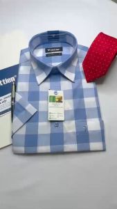 Áo sơ mi cộc tay Việt Tiến kẻ ô 1S6253 có size lớn - Regular vạt ngang