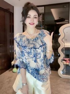 Áo Sơ Mi Voan in Họa Tiết Sứ Xanh Đẹp Dáng Rộng Tay Bồng Cổ Tròn Dài Thường Ngày Mùa Hè 2024 Chất Liệu Khác