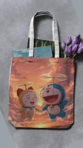 DORAEMON Cute Cartoon Canvas Tote Bag Aesthetic Shoulder Bag Eco Friendly Reusable Shopping Bag Large Capacity Casual Everyday Tote for Women and Men Kawaii Korean Style School Office Travel Beach Bag Durable Lightweight Gift Idea