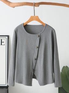 เสื้อยืดแขนยาวผู้หญิงไซส์ใหญ่ ดีไซน์เก๋ไก๋ ทรงหลวม สไตล์เกาหลี ฤดูใบไม้ร่วง 2024 เสื้อเชิ้ตทรงเข้ารูปแบบไม่สมมาตร