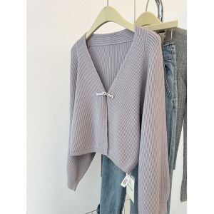 Thickened Soft Purple V-Neck Button Knitted Sweater Coat Womens Autumn Winter Design Sense Batwing Sleeve Warm Cardigan Top