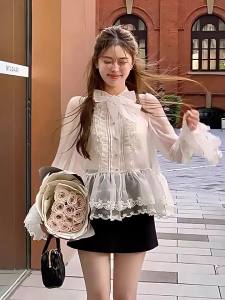 CHOUXIE | Trendy French Style Heavy Embroidery Lace Long Sleeve Shirt Women White