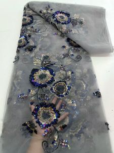 Luxury 3D Flower Beaded Lace Fabric Blue Sequins French Mesh Lace Dress Fabric with BeadsLuxury Fabrics on Sale 5 Yards