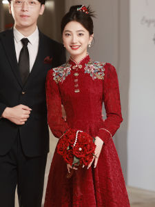 Elegant Chinese Style Long Sleeve Lace Dress Slimming Wedding Dress Customizable Engagement Party Dress mid Waist A-Line Skirt