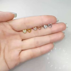 E6 不对称爱心一对 Korean thread ear bone stud mini love ear stud asymmetrical rhinestone earrings韩螺纹耳骨钉 迷你爱心耳钉不对称 水钻耳环