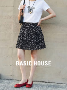 Basic House | Black Ditsy A-Line High Waist Midi Skirt