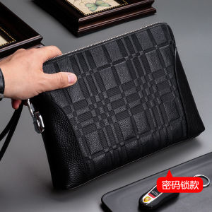 Large Capacity Leather Handbag for Men Casual Business Grip Bag with Password Lock Cowhide Shoulderless Square Shape Handbag