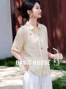 Basic House | Elegant Thin Flax Short Sleeve Embroidery Shirt 100% Linen