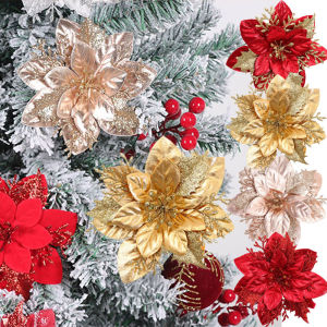 Polocat 5Pcs New Artificial Christmas Tree Flower with Clips Fake Shiny Glitter Flowers Party Home Christmas Decoration 11cm