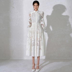 White Lace Womens Dress with Belt Spring Runway Design Party Vestido Ladies Hook Flower Hollow Elegant Vintage Clothing