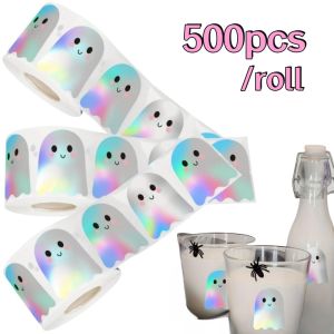 500pcs/Roll Halloween Laser Stickers Waterproof Self-Adhesive Boo Ghost Decals Roll for Envelope Journal Decor Party Supplies